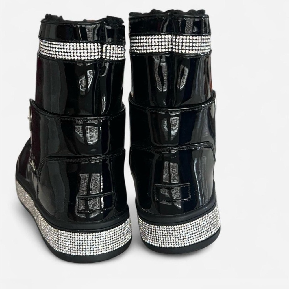 Shiny Black Ankle Boots with Rhinestone Accents - Picture 3 of 3